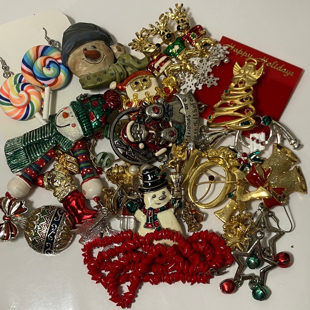 Christmas lot of brooches , earrings necklace and snowflake bracelet 10.6 oz